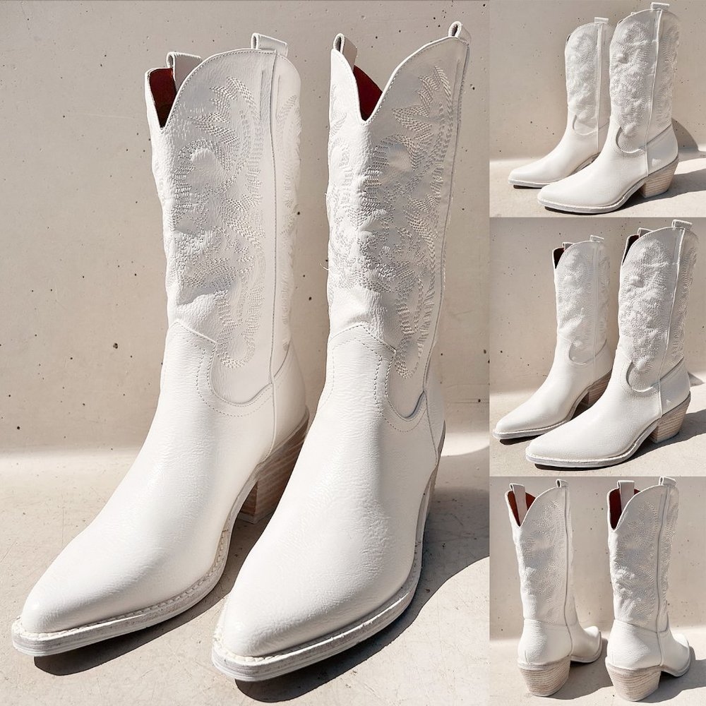 NEW White Cowboy Western Embroidered Stitch Pointy Toe Block Heel Mid Calf Boots - Picture 13 of 13